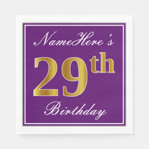 Elegant Purple, Faux Gold 29th Birthday + Name Napkin