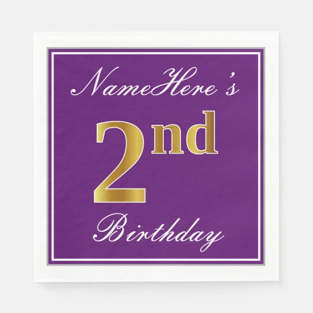 Elegant Purple, Faux Gold 2nd Birthday + Name Napkin (Front)