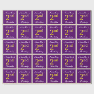 Elegant, Purple, Faux Gold 2nd Birthday + Name Wrapping Paper