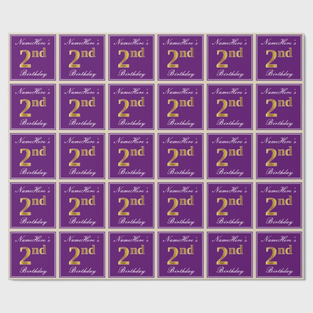 Elegant, Purple, Faux Gold 2nd Birthday + Name Wrapping Paper (Flat)