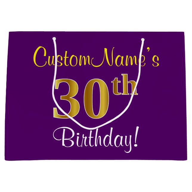Elegant, Purple, Faux Gold 30th Birthday + Name Large Gift Bag (Front)