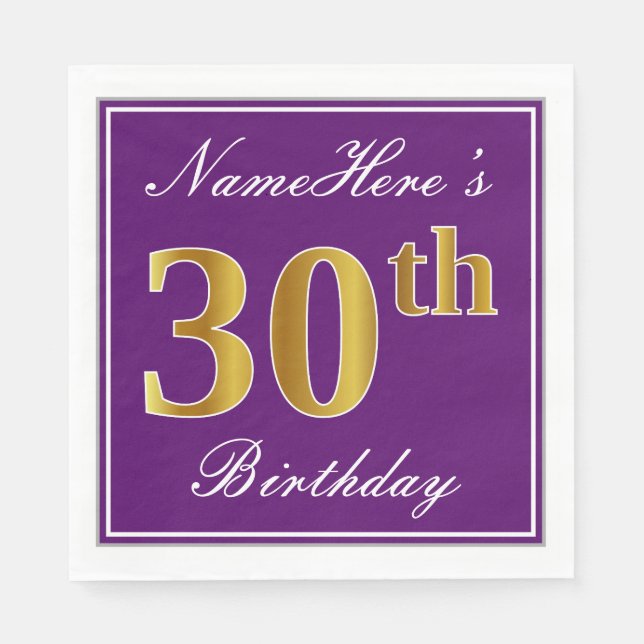 Elegant Purple, Faux Gold 30th Birthday + Name Napkin (Front)