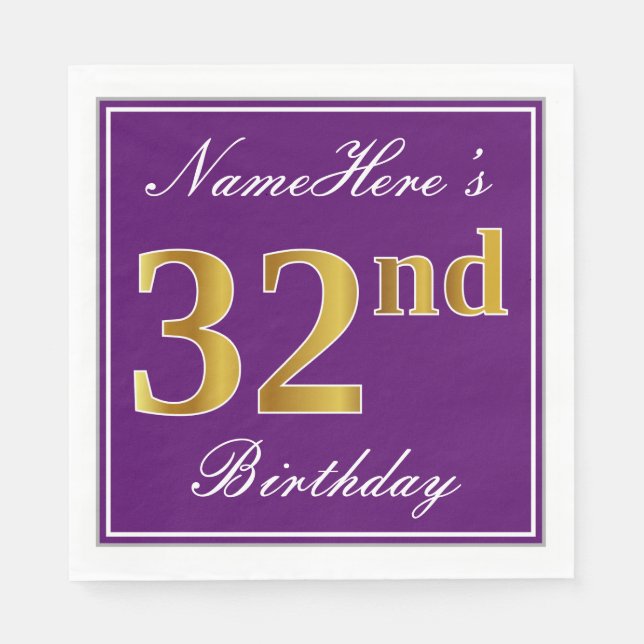Elegant Purple, Faux Gold 32nd Birthday + Name Napkin (Front)