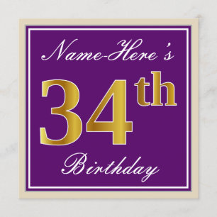 Elegant, Purple, Faux Gold 34th Birthday + Name Invitation