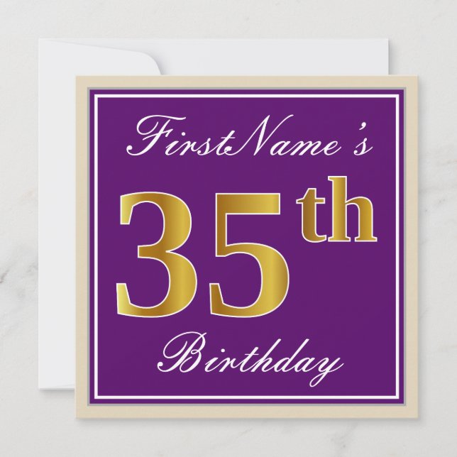 Elegant, Purple, Faux Gold 35th Birthday + Name Invitation (Front)