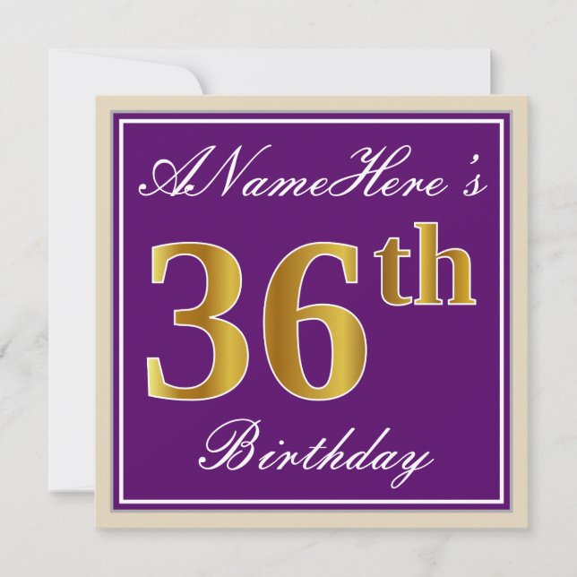 Elegant, Purple, Faux Gold 36th Birthday + Name Invitation (Front)