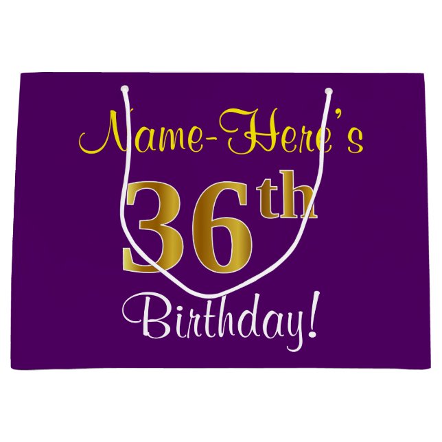 Elegant, Purple, Faux Gold 36th Birthday + Name Large Gift Bag (Front)