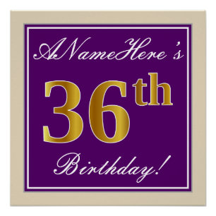 Elegant, Purple, Faux Gold 36th Birthday + Name Poster
