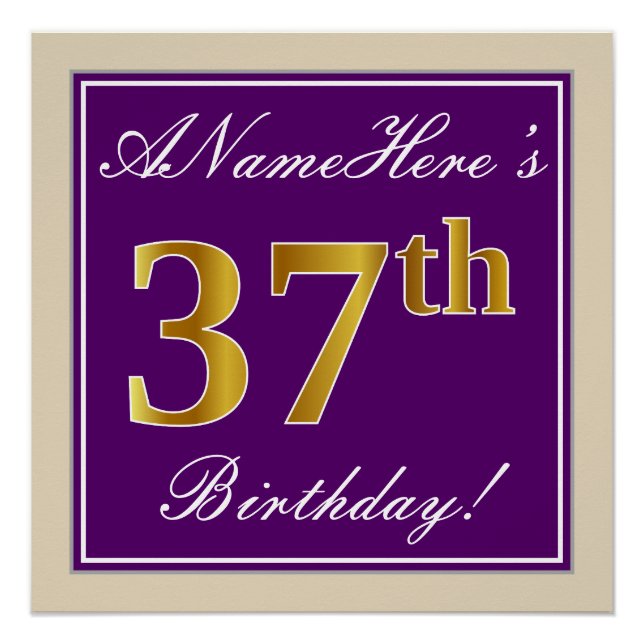 Elegant, Purple, Faux Gold 37th Birthday + Name Poster (Front)