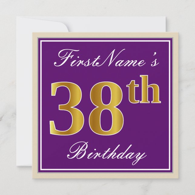 Elegant, Purple, Faux Gold 38th Birthday + Name Invitation (Front)
