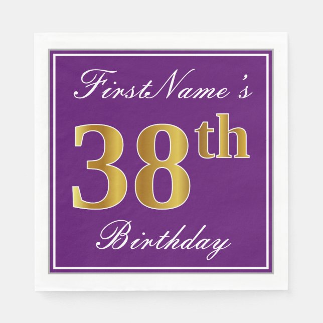 Elegant Purple, Faux Gold 38th Birthday + Name Napkin (Front)