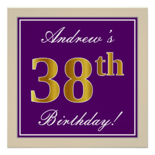 Elegant, Purple, Faux Gold 38th Birthday + Name Poster