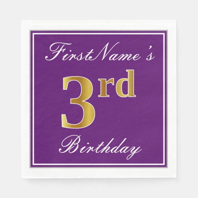 Elegant Purple, Faux Gold 3rd Birthday + Name Napkin (Front)