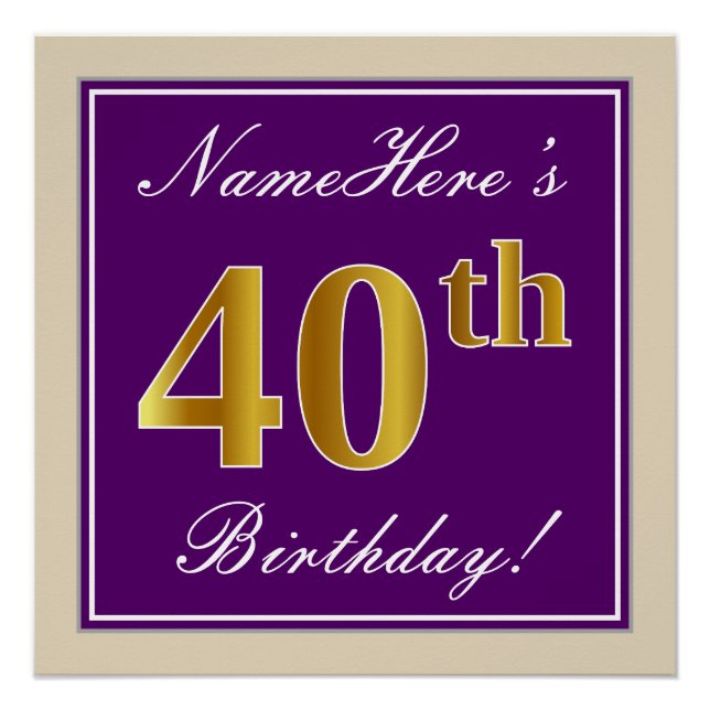 Elegant, Purple, Faux Gold 40th Birthday + Name Poster (Front)