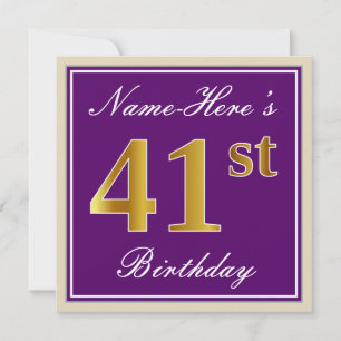 Elegant, Purple, Faux Gold 41st Birthday + Name Invitation