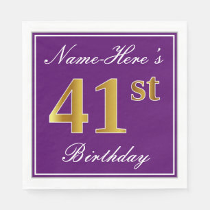 Elegant Purple, Faux Gold 41st Birthday + Name Napkin