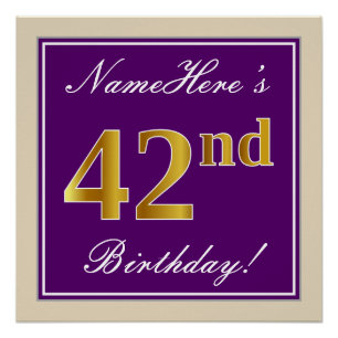 Elegant, Purple, Faux Gold 42nd Birthday + Name Poster