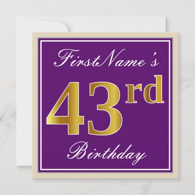 Elegant, Purple, Faux Gold 43rd Birthday + Name Invitation (Front)