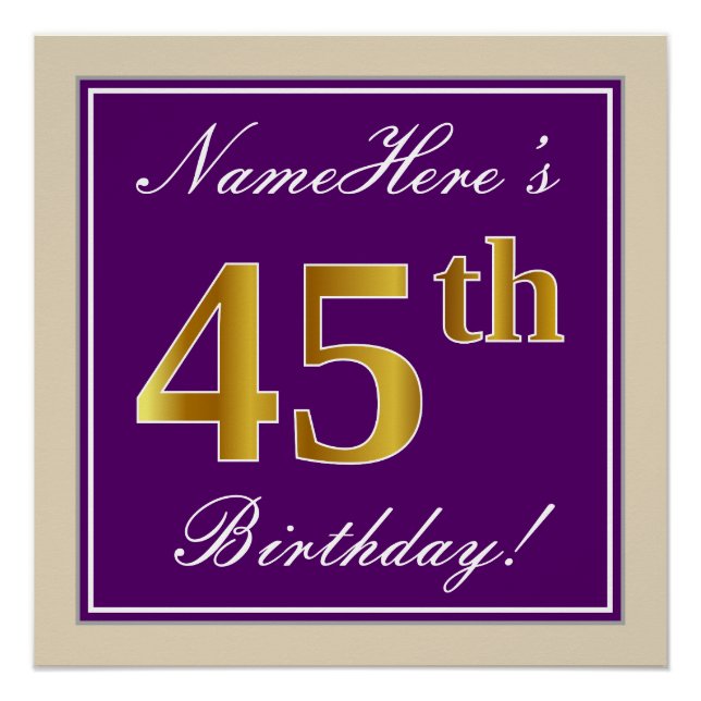 Elegant, Purple, Faux Gold 45th Birthday + Name Poster (Front)