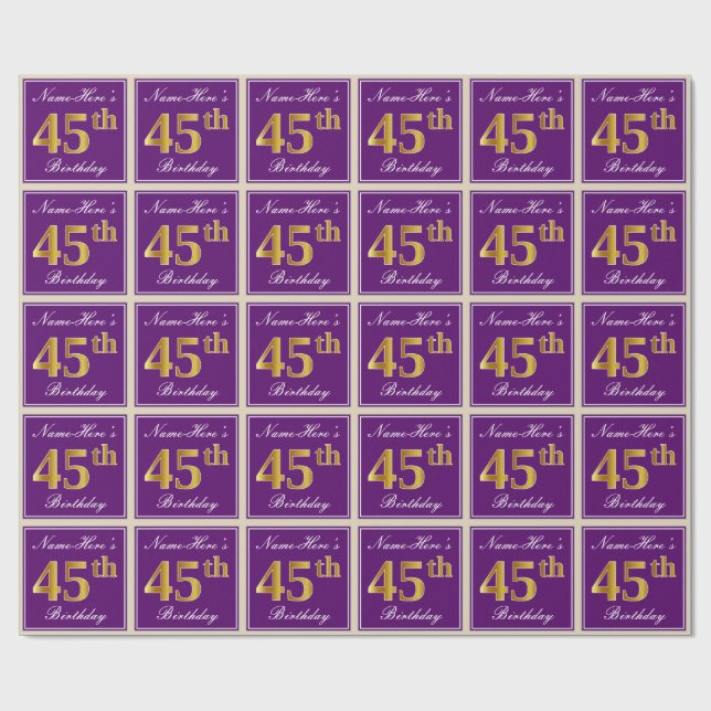 Elegant, Purple, Faux Gold 45th Birthday + Name Wrapping Paper (Flat)