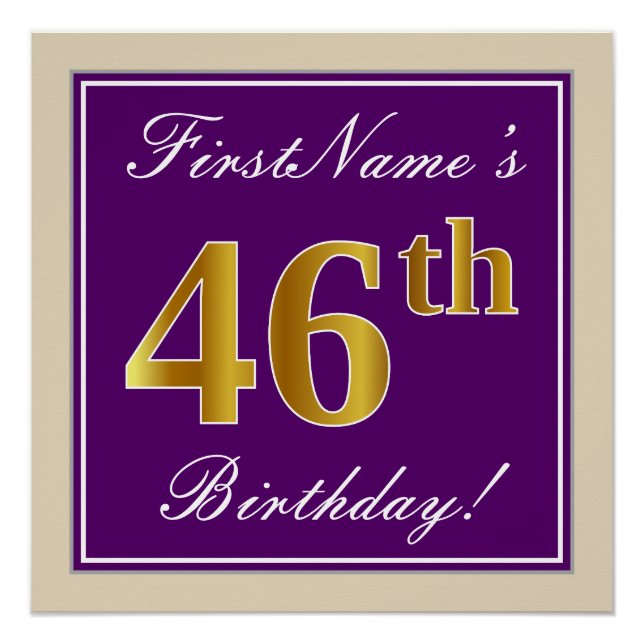 Elegant, Purple, Faux Gold 46th Birthday + Name Poster (Front)