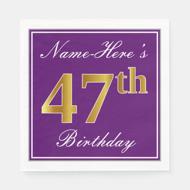 Elegant Purple, Faux Gold 47th Birthday + Name Napkin (Front)
