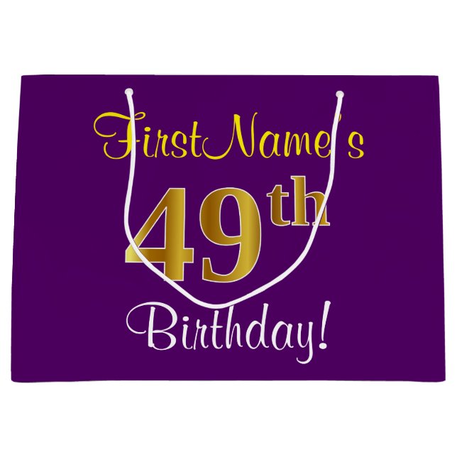 Elegant, Purple, Faux Gold 49th Birthday + Name Large Gift Bag (Front)