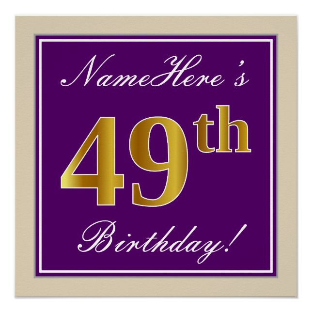 Elegant, Purple, Faux Gold 49th Birthday + Name Poster (Front)