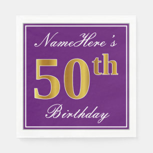 Elegant Purple, Faux Gold 50th Birthday + Name Napkin