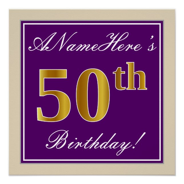 Elegant, Purple, Faux Gold 50th Birthday + Name Poster (Front)