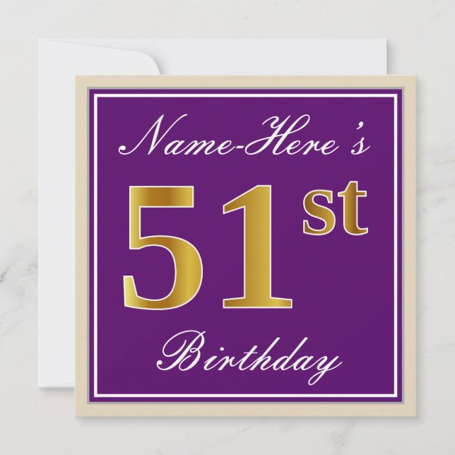 Elegant, Purple, Faux Gold 51st Birthday + Name Invitation (Front)