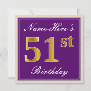 Elegant, Purple, Faux Gold 51st Birthday + Name Invitation