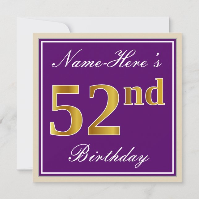 Elegant, Purple, Faux Gold 52nd Birthday + Name Invitation (Front)