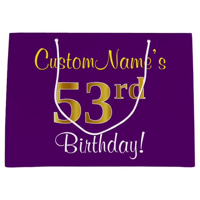 Elegant, Purple, Faux Gold 53rd Birthday + Name Large Gift Bag (Front)