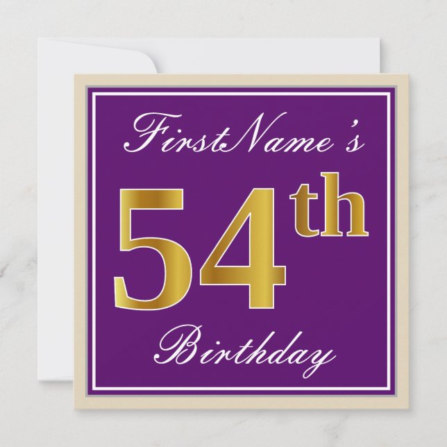 Elegant, Purple, Faux Gold 54th Birthday + Name Invitation (Front)