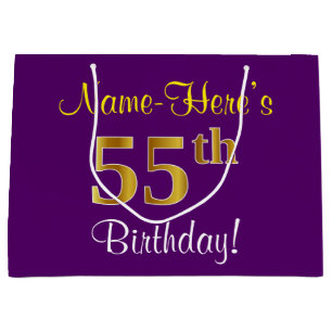 Elegant, Purple, Faux Gold 55th Birthday + Name Large Gift Bag