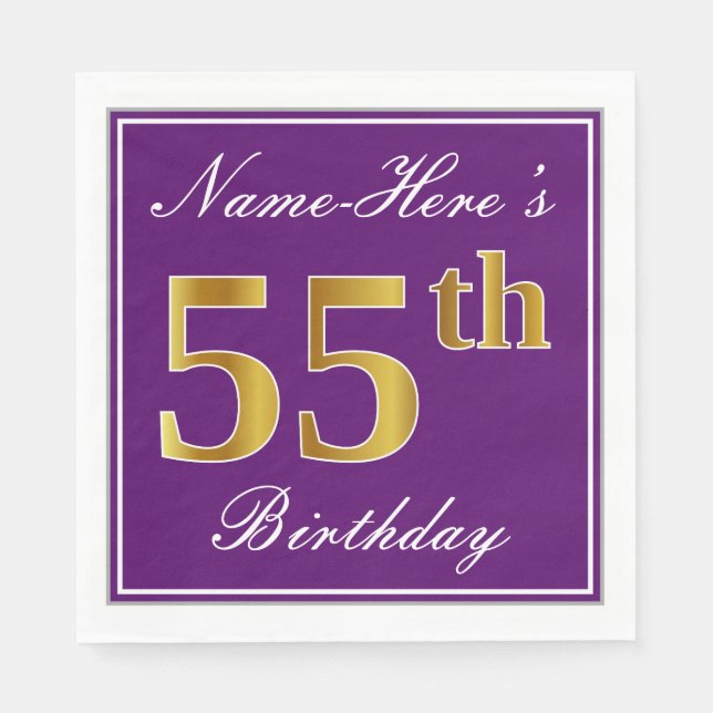 Elegant Purple, Faux Gold 55th Birthday + Name Napkin (Front)