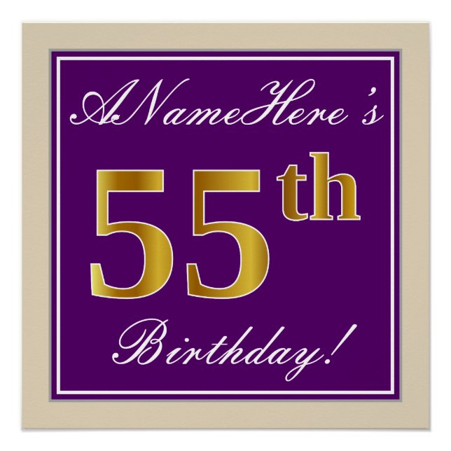 Elegant, Purple, Faux Gold 55th Birthday + Name Poster (Front)