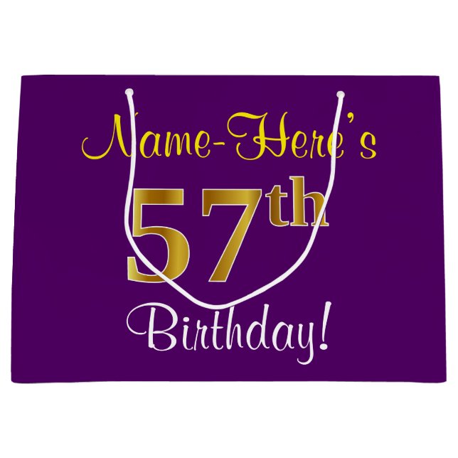 Elegant, Purple, Faux Gold 57th Birthday + Name Large Gift Bag (Front)