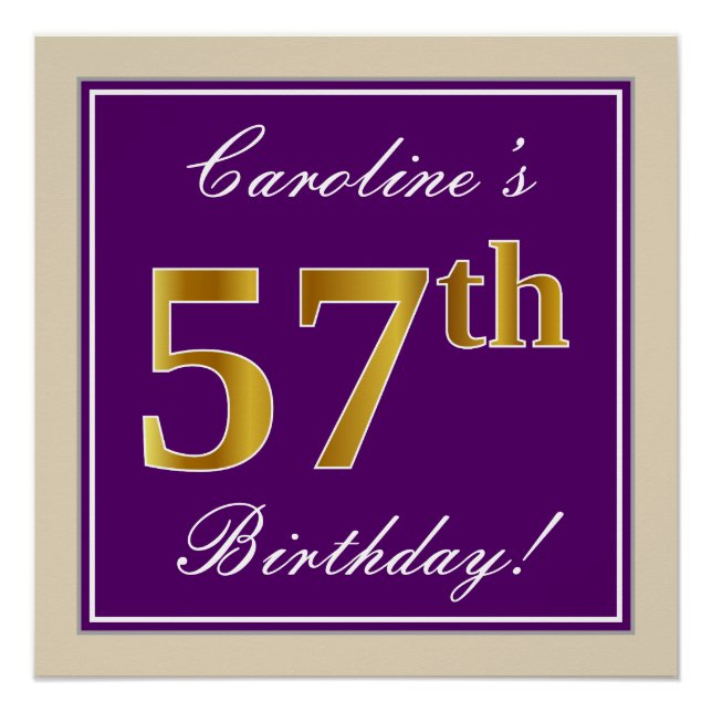 Elegant, Purple, Faux Gold 57th Birthday + Name Poster (Front)