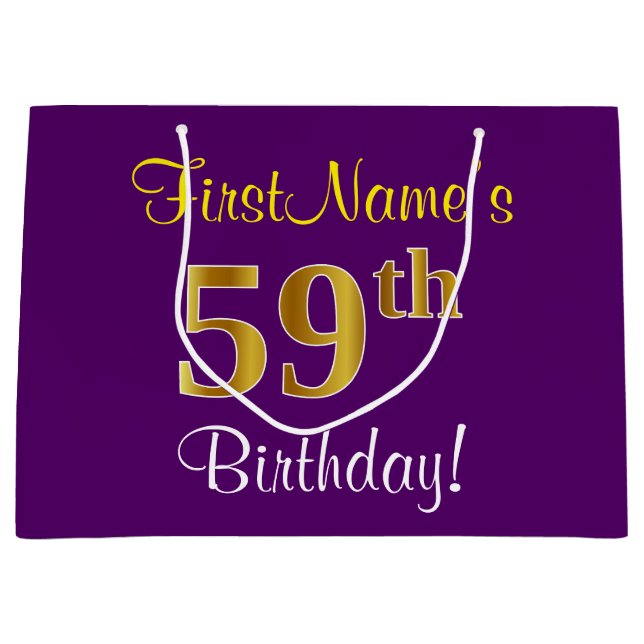 Elegant, Purple, Faux Gold 59th Birthday + Name Large Gift Bag (Front)