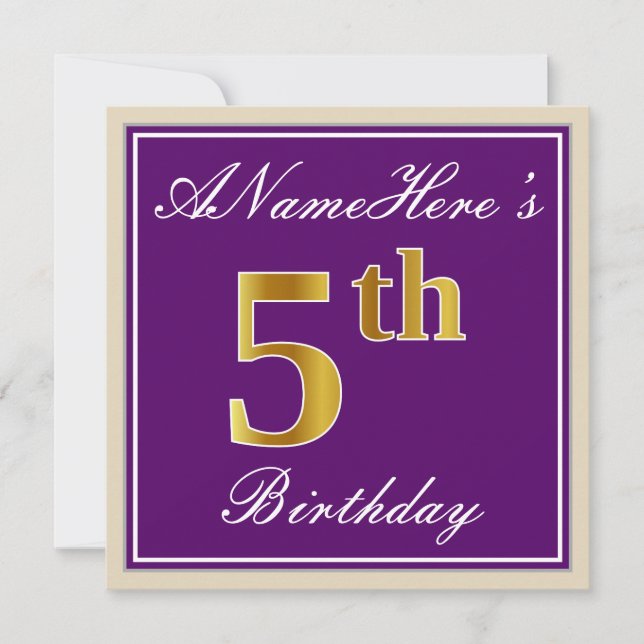 Elegant, Purple, Faux Gold 5th Birthday + Name Invitation (Front)