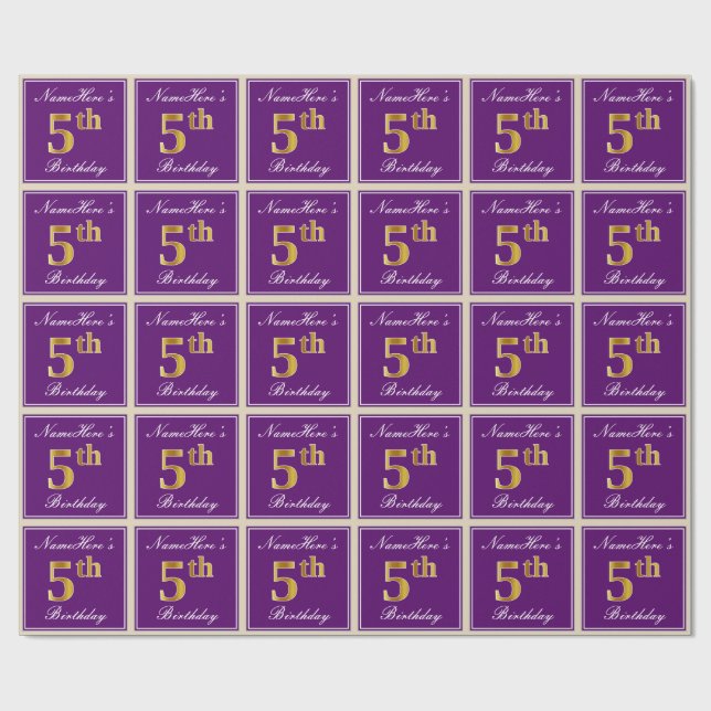 Elegant, Purple, Faux Gold 5th Birthday + Name Wrapping Paper (Flat)