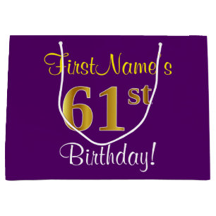Elegant, Purple, Faux Gold 61st Birthday + Name Large Gift Bag