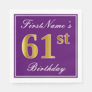Elegant Purple, Faux Gold 61st Birthday + Name Napkin