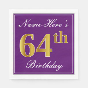 Elegant Purple, Faux Gold 64th Birthday + Name Napkin