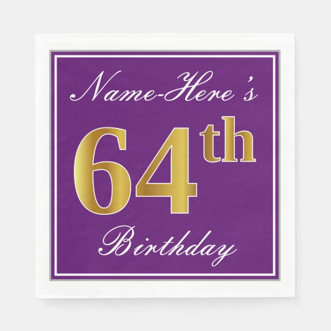 Elegant Purple, Faux Gold 64th Birthday + Name Napkin (Front)