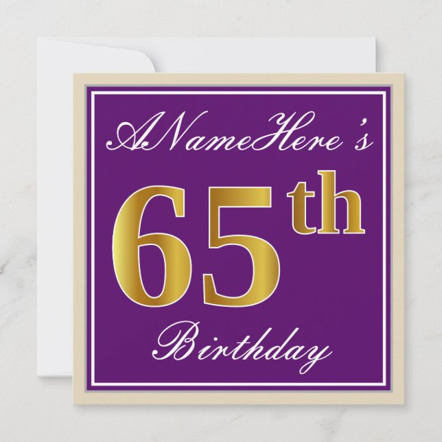 Elegant, Purple, Faux Gold 65th Birthday + Name Invitation (Front)