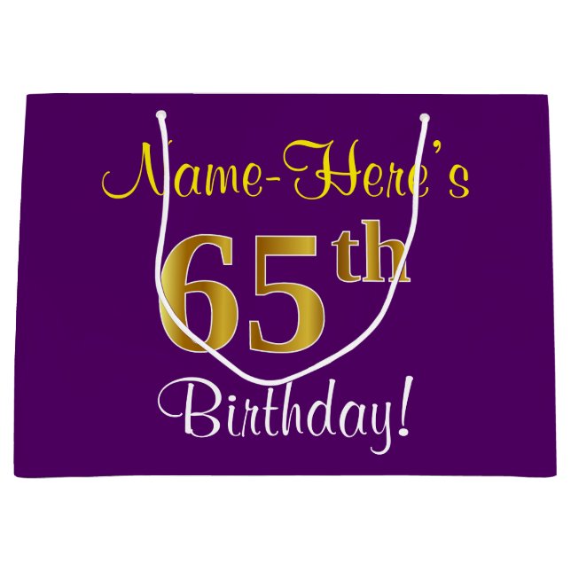 Elegant, Purple, Faux Gold 65th Birthday + Name Large Gift Bag (Front)