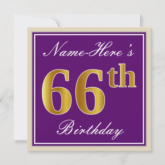 Elegant, Purple, Faux Gold 66th Birthday + Name Invitation (Front)